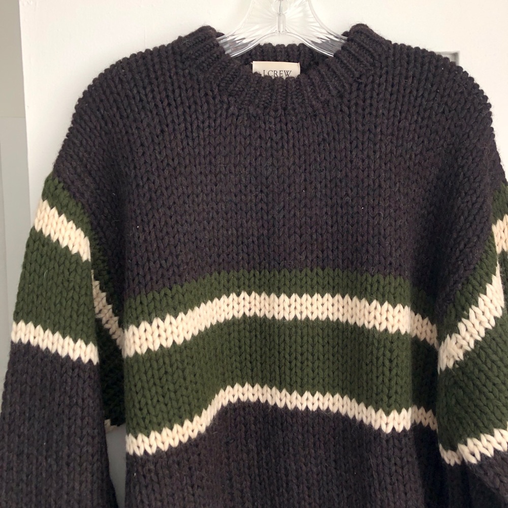 100% Wool J. Crew Sweater Hand Knit Dark Brown with Green Stripe XL